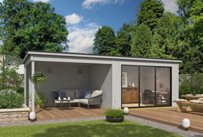 8711615183188-Tuinhuis-Blokhut-met Overkapping-Pernilla 385x295 + Aanbouw Platinum Grey